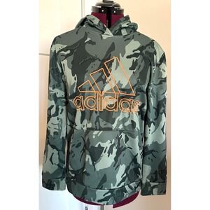 Adidas Boys Camo Hoodie Green Orange Logo Performance Sweatshirt XL 18/20